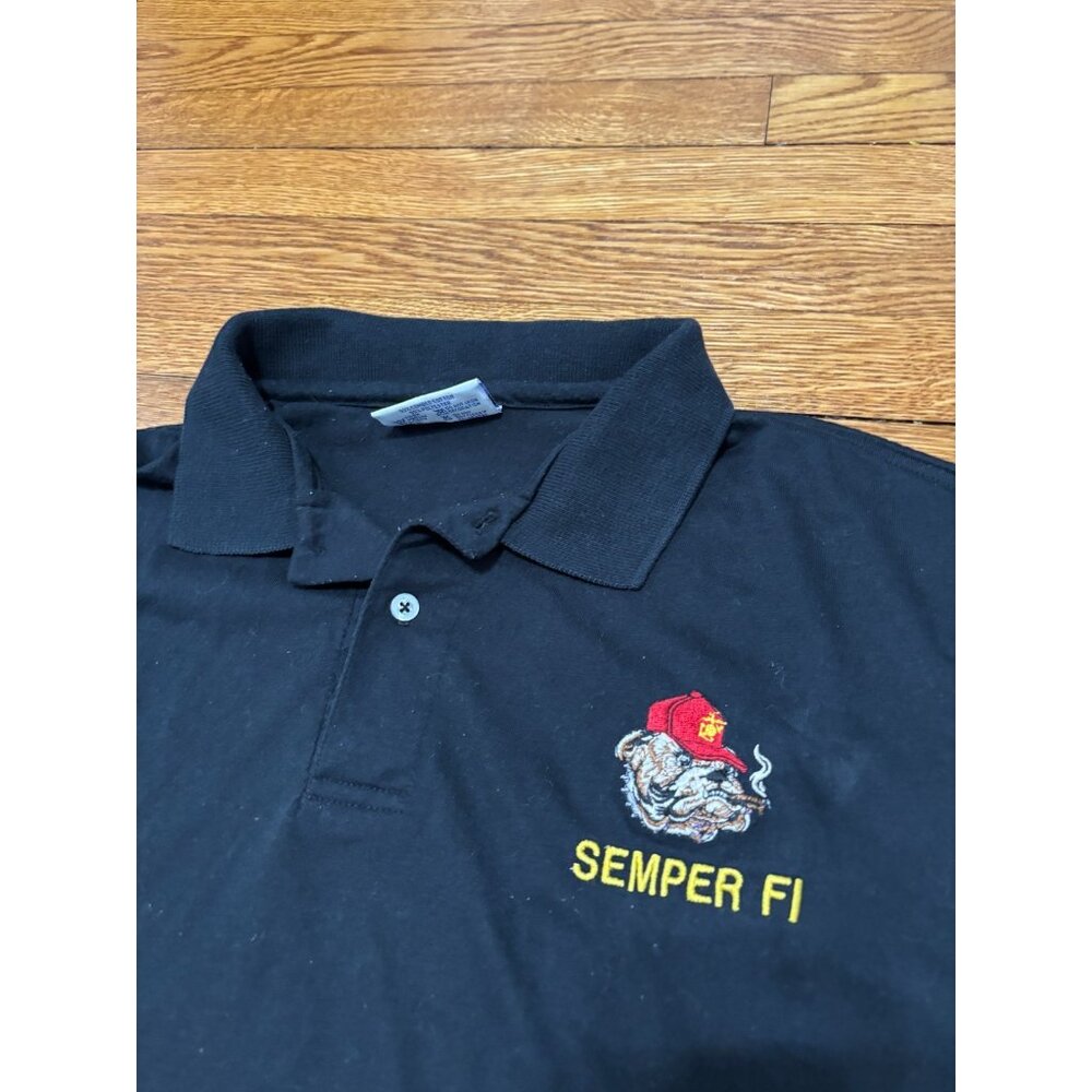 Vintage Hanes Mens US Marines Polo Shirt Sz Large Black Semper Fi Bulldog Cigar - Picture 4 of 7